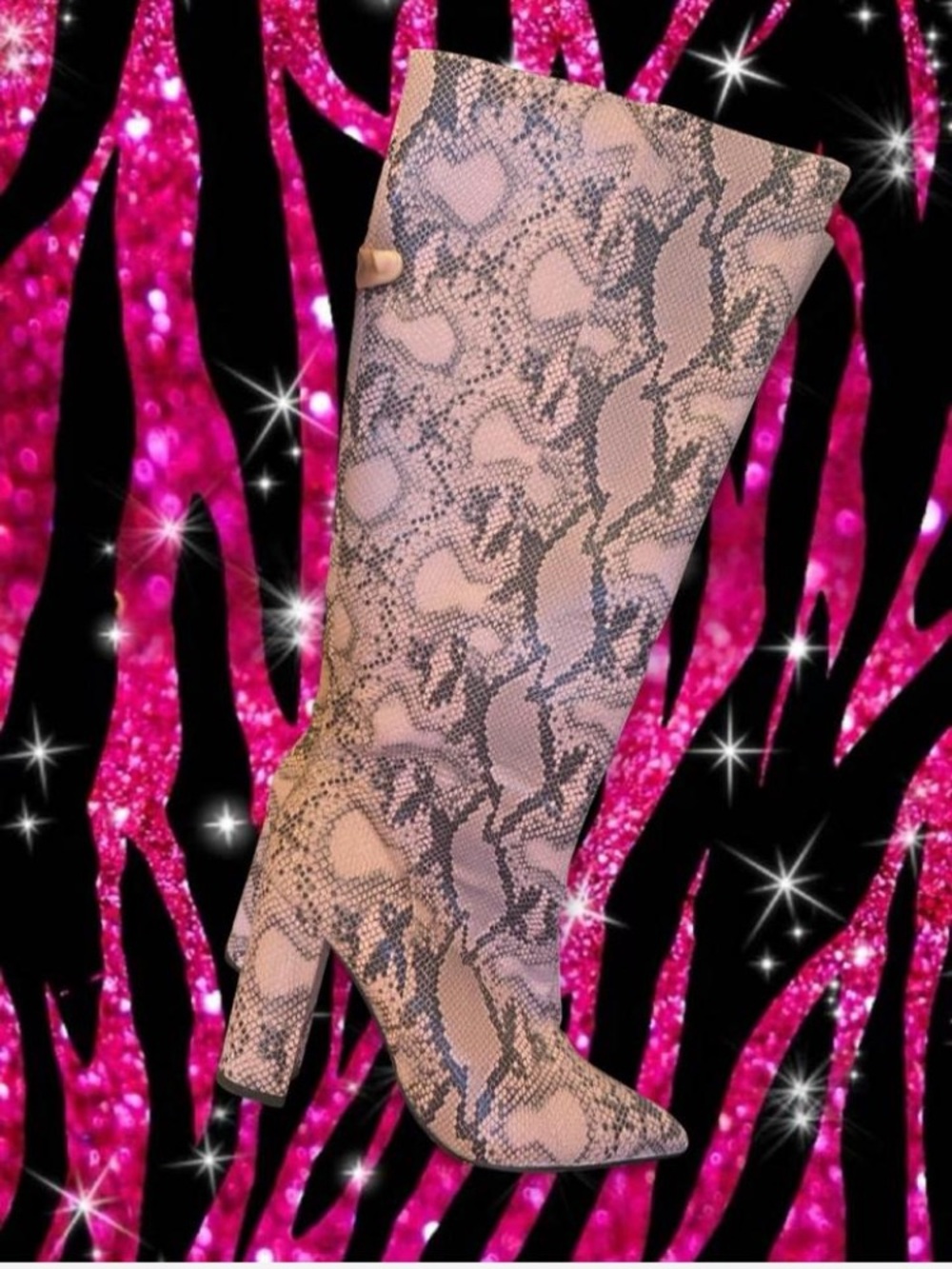 Snake-Print Knee-High Fashion Boots in Pink 8.5
